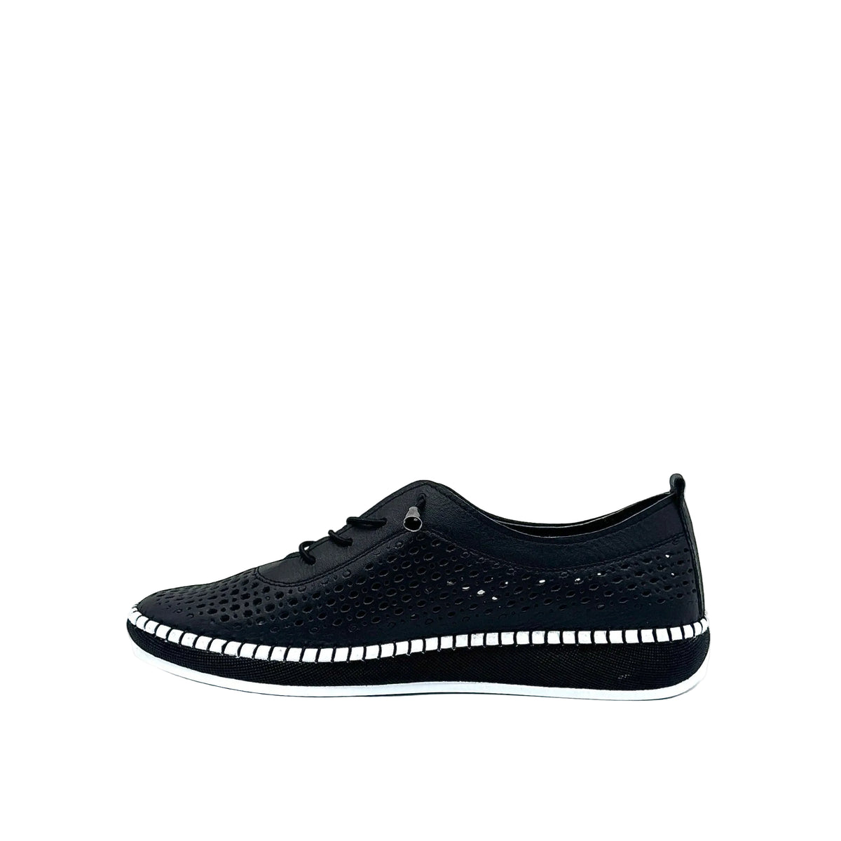 Black: Mastic Soul 26127 perforated leather lace-up sneaker in black with hand-stitched midsole detail, side view