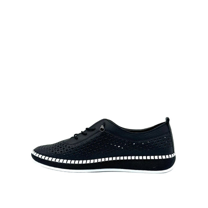 Black: Mastic Soul 26127 perforated leather lace-up sneaker in black with hand-stitched midsole detail, side view