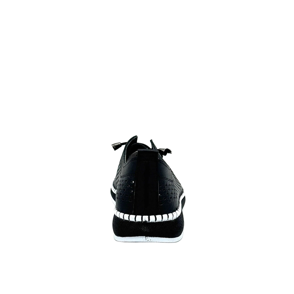 Black: Mastic Soul 26127 perforated leather lace-up sneaker in black with hand-stitched midsole detail, side view