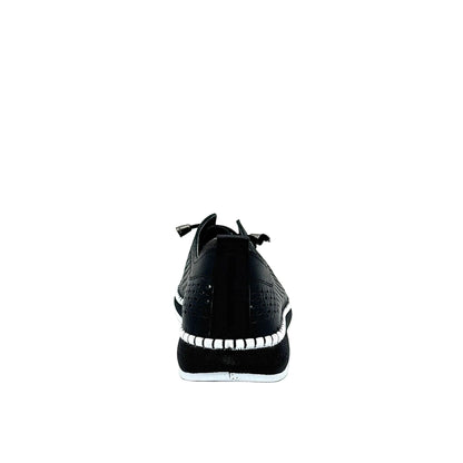 Black: Mastic Soul 26127 perforated leather lace-up sneaker in black with hand-stitched midsole detail, side view