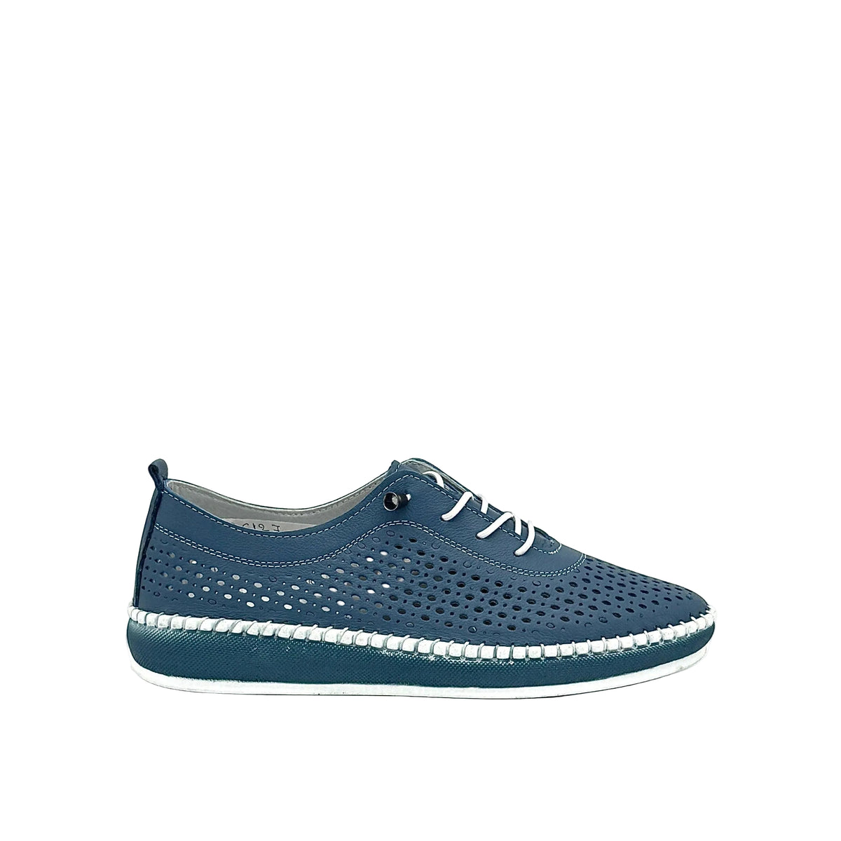 Navy: Mastic Soul 26127 perforated leather lace-up sneaker in navy with hand-stitched midsole detail, side view