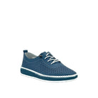 Navy: Mastic Soul 26127 perforated leather lace-up sneaker in navy with hand-stitched midsole detail, side view