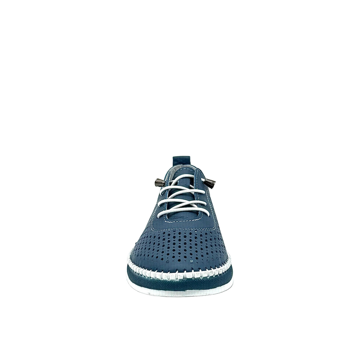 Navy: Mastic Soul 26127 perforated leather lace-up sneaker in navy with hand-stitched midsole detail, side view