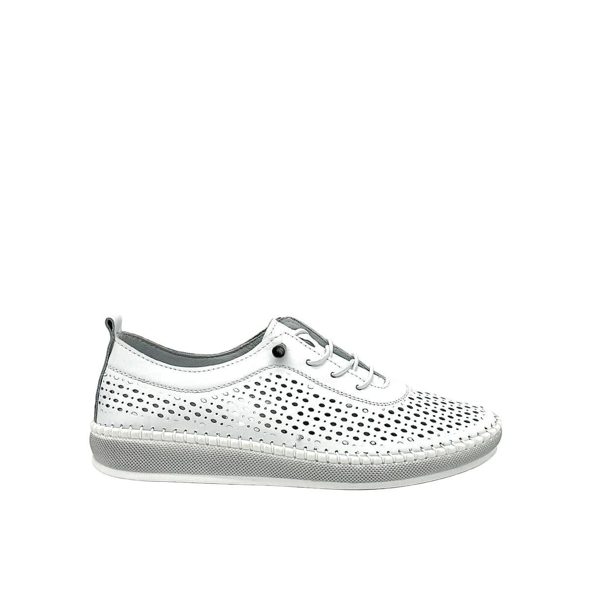 White: Mastic Soul 26127 perforated leather lace-up sneaker in white with hand-stitched midsole detail, side view