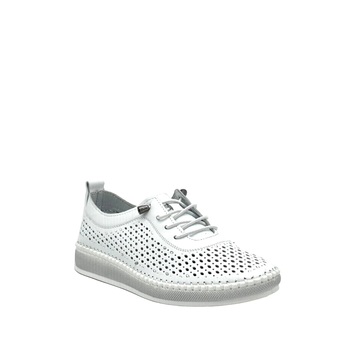 White: Mastic Soul 26127 perforated leather lace-up sneaker in white with hand-stitched midsole detail, side view