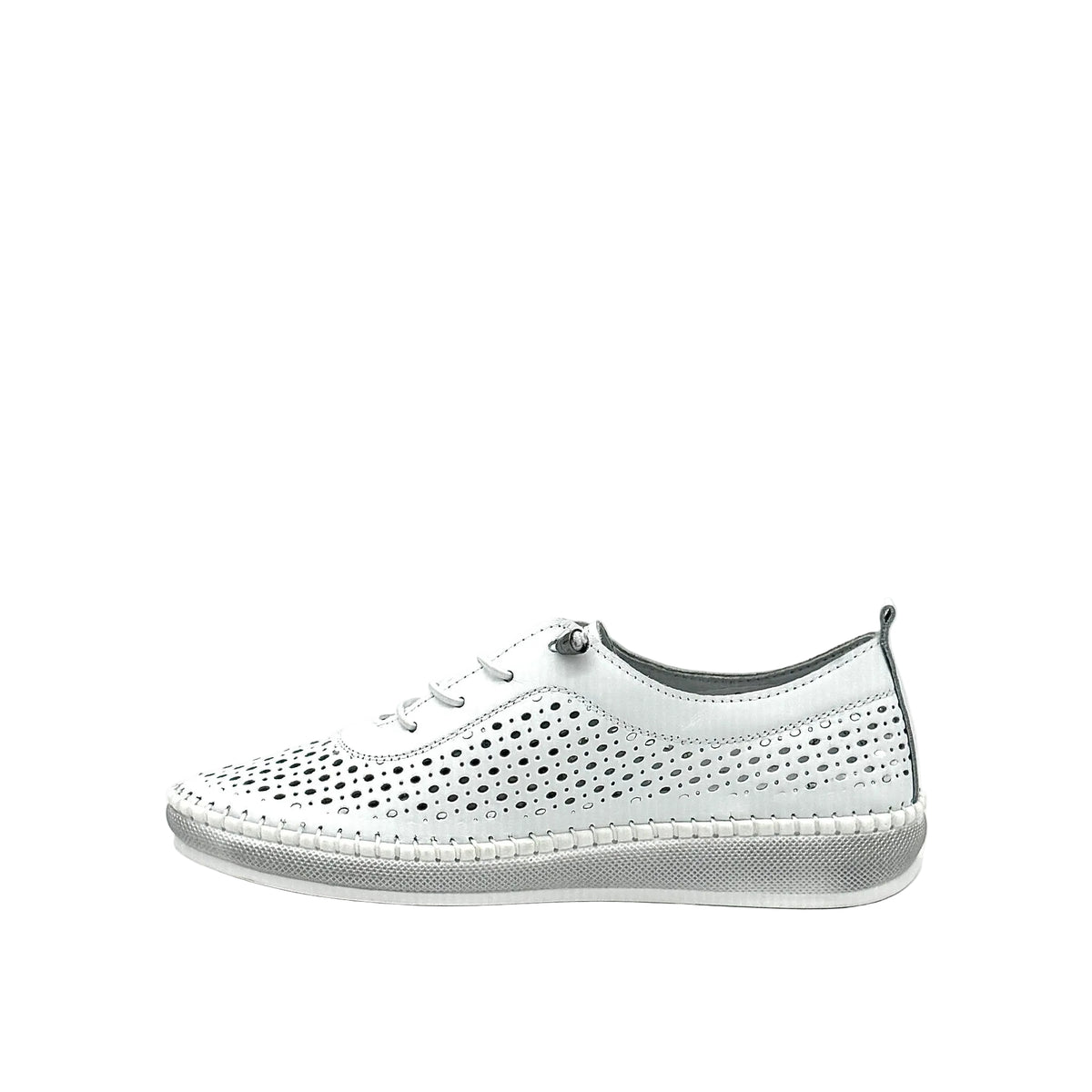White: Mastic Soul 26127 perforated leather lace-up sneaker in white with hand-stitched midsole detail, side view