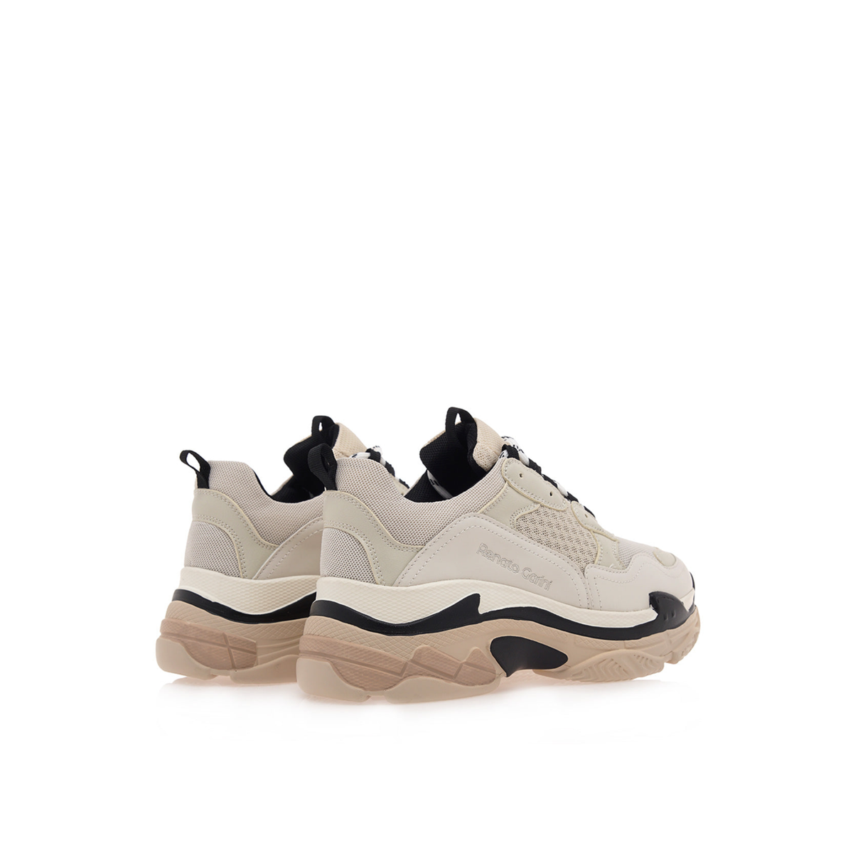 Rear angled view of Renato Garini 007-03AAV beige chunky sneakers showing heel pull loops, layered panels and sculpted soles