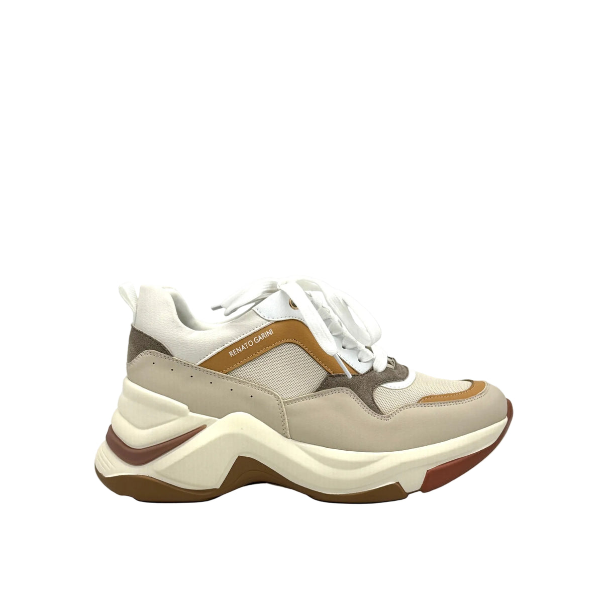 Beige: Renato Garini 106-21 EX117 chunky fashion sneaker in beige multi with sculptural wave sole, side view