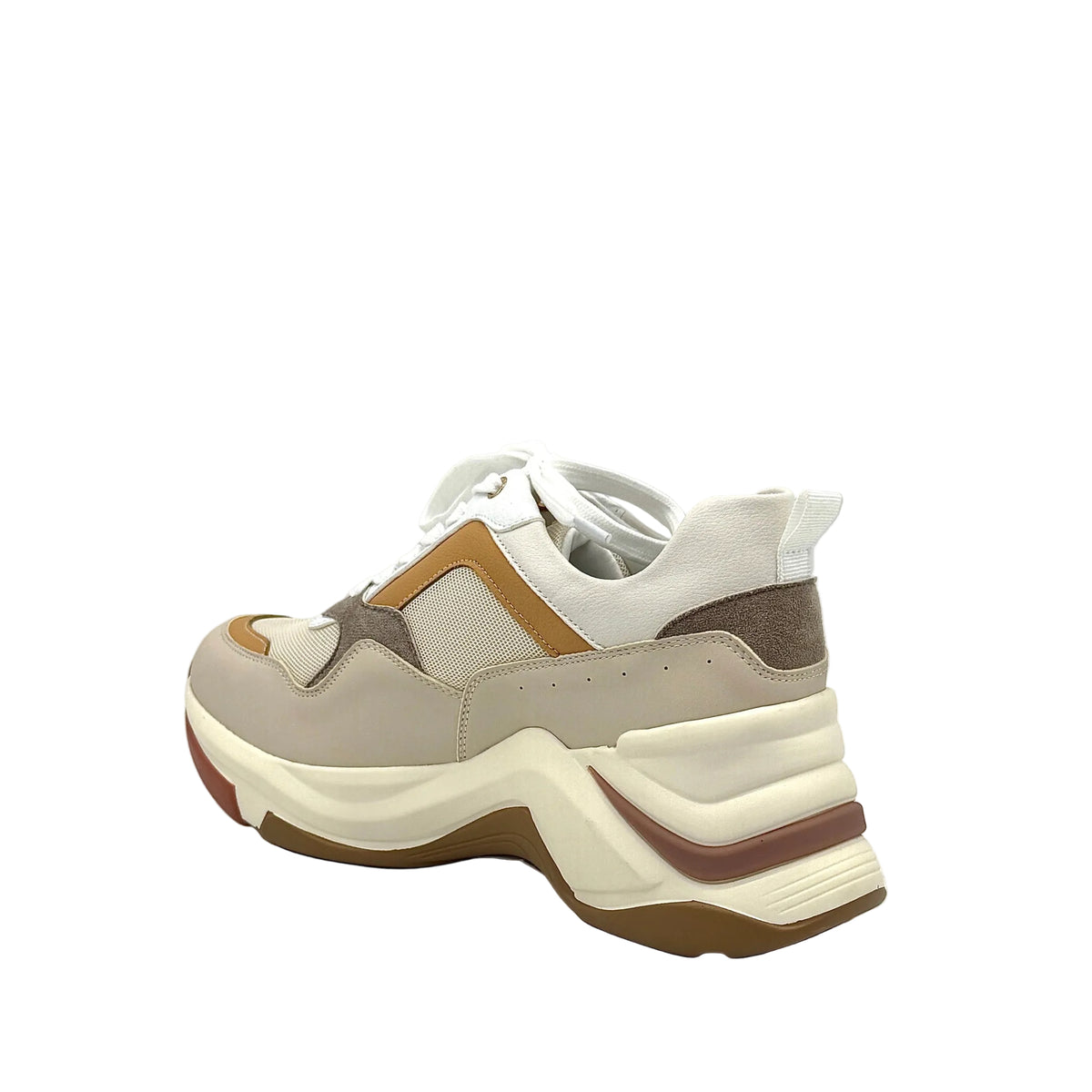 Beige: Renato Garini 106-21 EX117 chunky fashion sneaker in beige multi with sculptural wave sole, side view