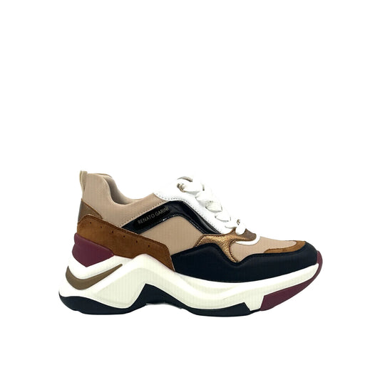 Black/Bronze: Renato Garini 106-21 EX117 chunky fashion sneaker in Black & Bronze with sculptural wave sole, side view