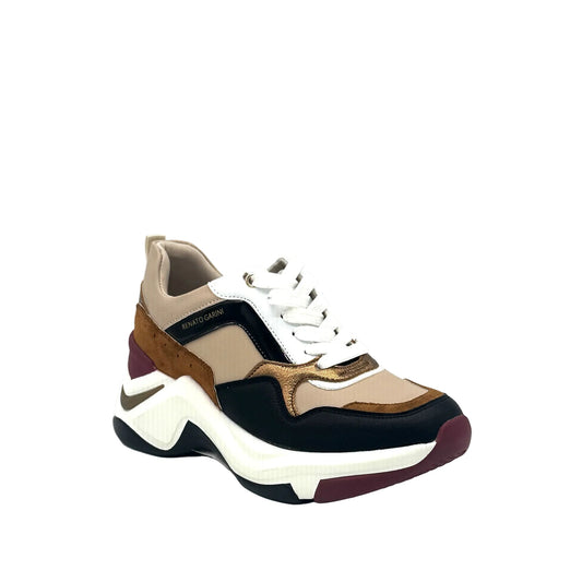 Black/Bronze: Renato Garini 106-21 EX117 chunky fashion sneaker in Black & Bronze with sculptural wave sole, side view