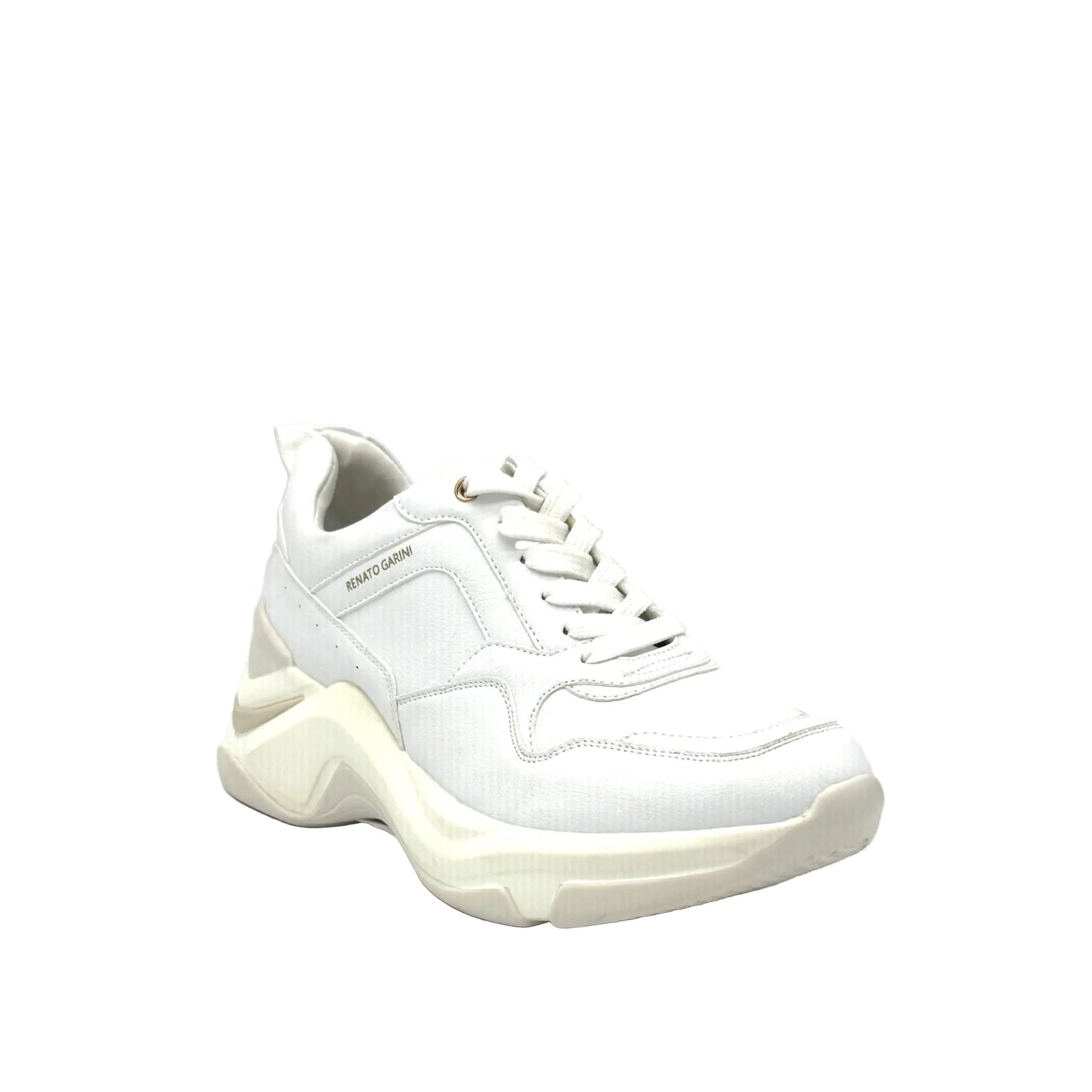 White: Renato Garini 106-21 EX117 chunky fashion sneaker in White with sculptural wave sole, side view