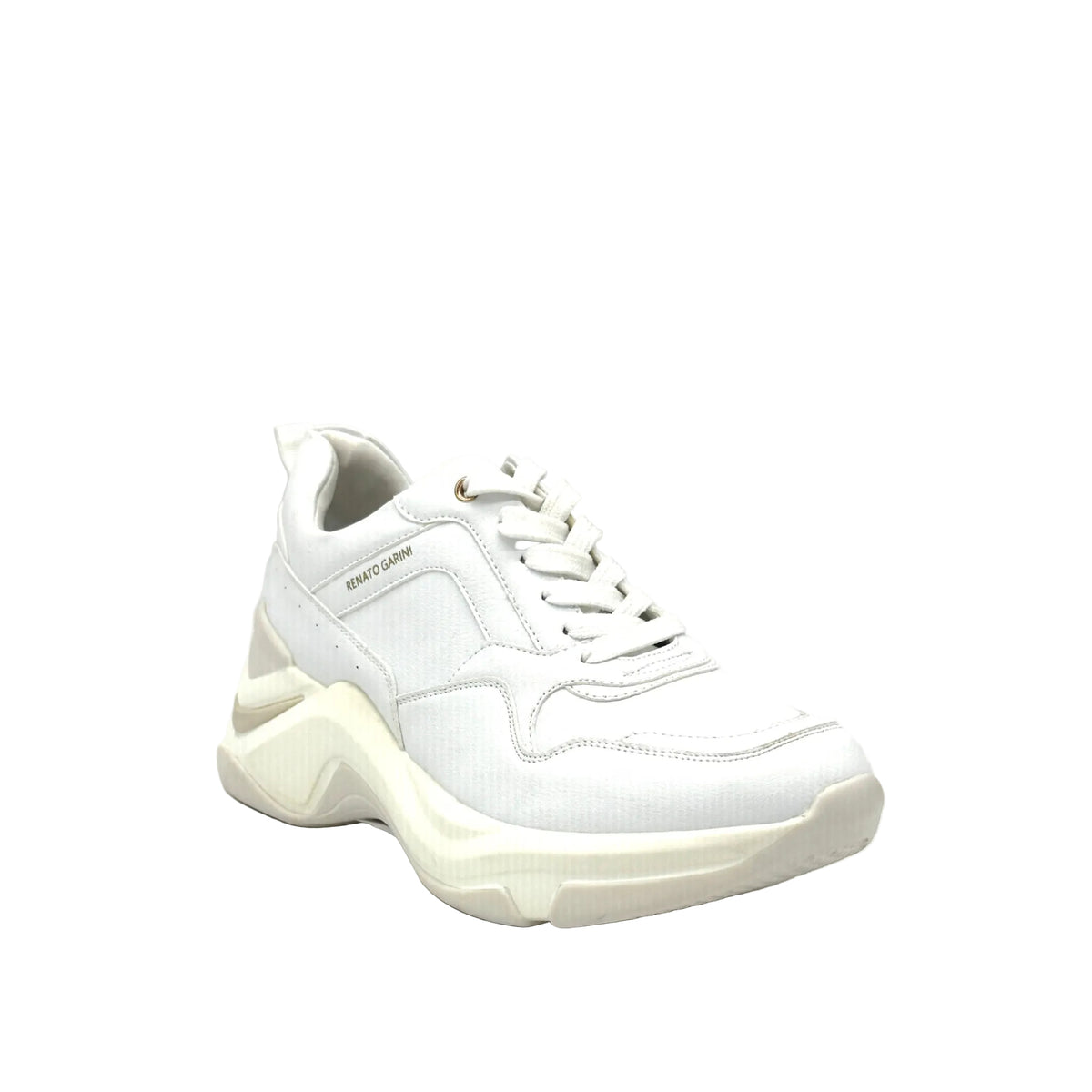 White: Renato Garini 106-21 EX117 chunky fashion sneaker in White with sculptural wave sole, side view