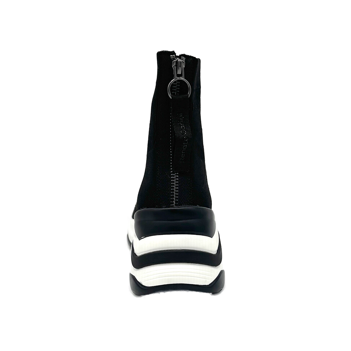 Renato Garini 106-62RG-88 black knit platform sneaker boot with white sole, rear view with ring-pull zipper