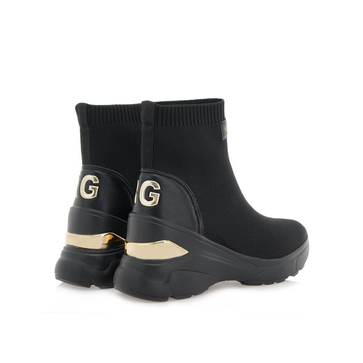 Renato Garini 179-116A knit wedge sneaker boot in black and gold with metallic heel accents, with a ribbed ankle collar and sculpted sole, pair in rear three-quarter view