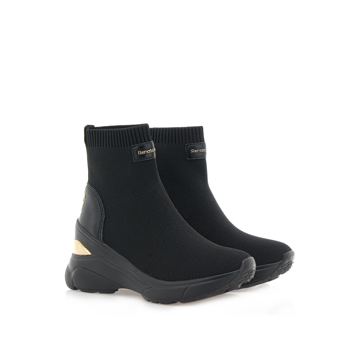 Renato Garini 179-116A knit wedge sneaker boot in black and gold with metallic heel accents, with a ribbed ankle collar and sculpted sole, pair in three-quarter view