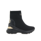 Renato Garini 179-116A knit wedge sneaker boot in black and gold with metallic heel accents, with a ribbed ankle collar and sculpted sole, side profile