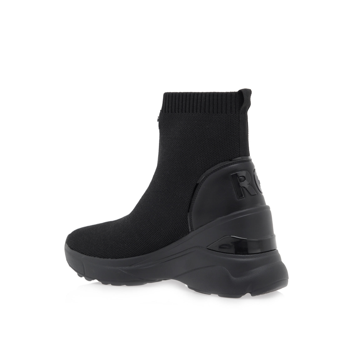 Renato Garini 179-116A knit wedge sneaker boot in black with tonal heel detailing, with a ribbed ankle collar and sculpted sole, rear three-quarter view