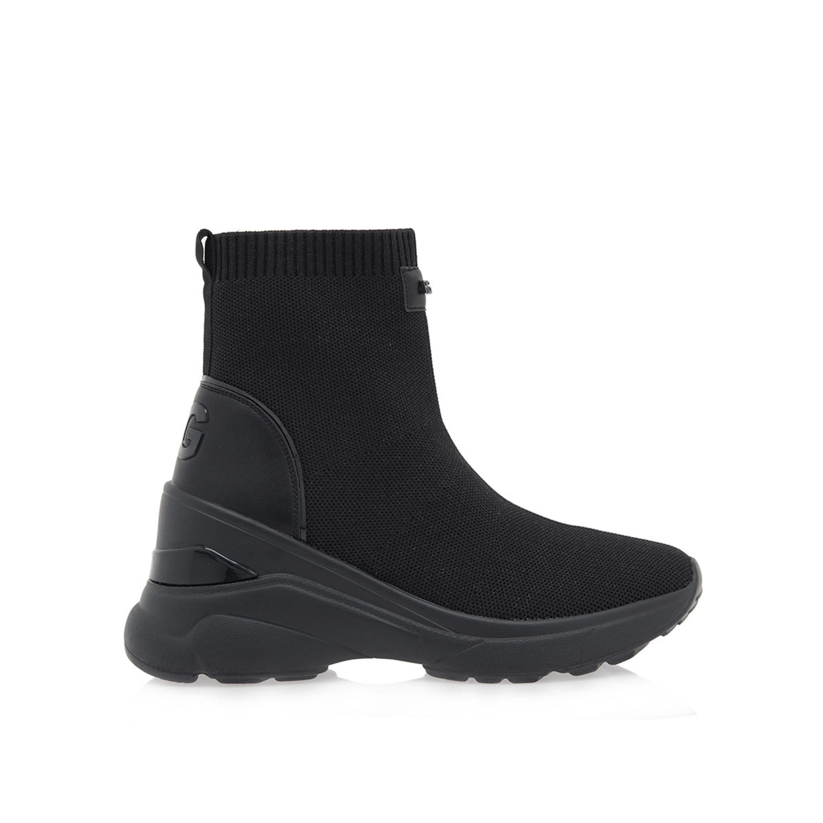 Renato Garini 179-116A knit wedge sneaker boot in black with tonal heel detailing, with a ribbed ankle collar and sculpted sole, side profile