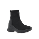 Renato Garini 179-116A knit wedge sneaker boot in black with tonal heel detailing, with a ribbed ankle collar and sculpted sole, three-quarter view
