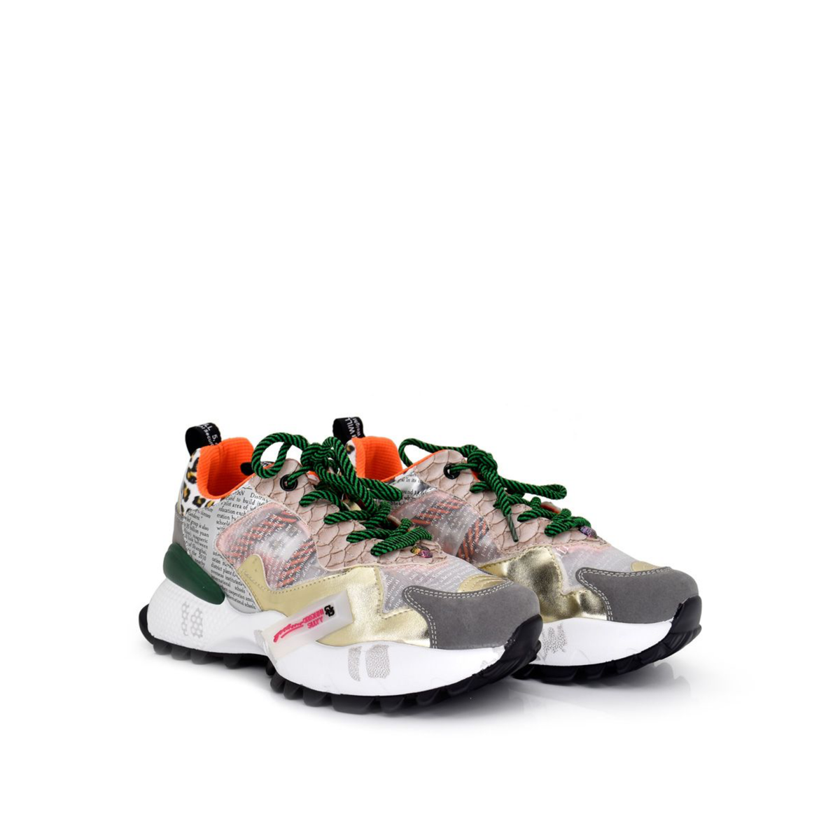 Pair of Renato Garini 19V03-6 Beige Multi sneakers at a three-quarter angle, showing striped green laces and mixed-print uppers