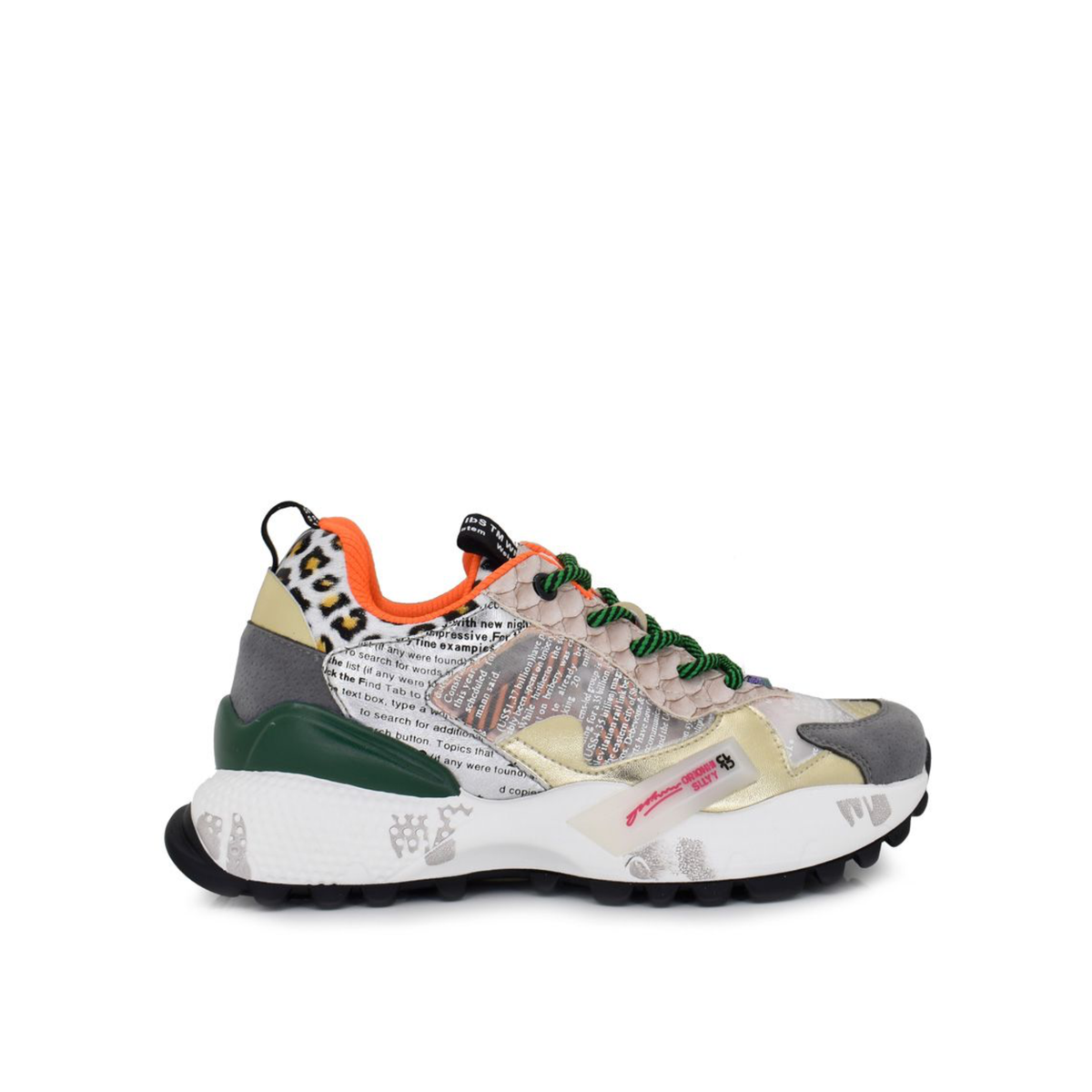 Renato Garini 19V03-6 Beige Multi platform sneaker with metallic panels, green accents and orange collar, side profile