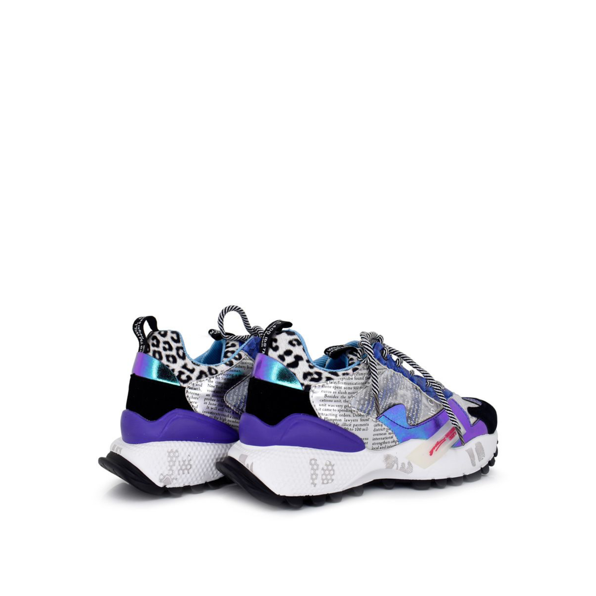 Rear angled view of Renato Garini 19V03-6 Blue Multi sneakers showing animal-print heels, purple accents and chunky white soles