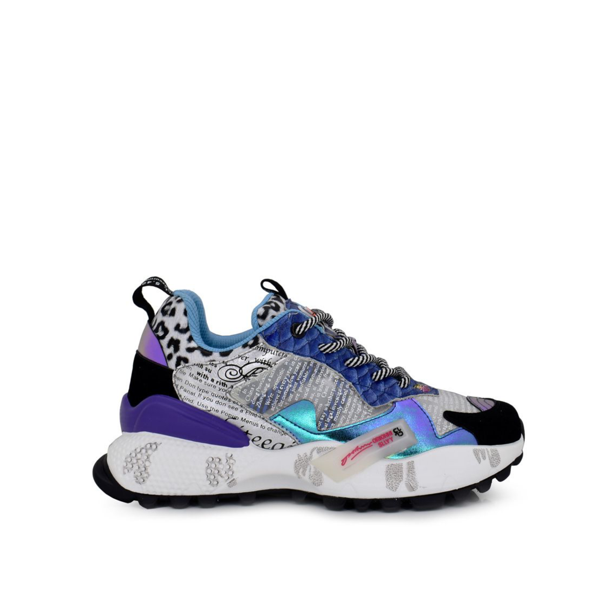 Renato Garini 19V03-6 Blue Multi platform sneaker with text-print panels, iridescent accents and animal-print heel, side profile