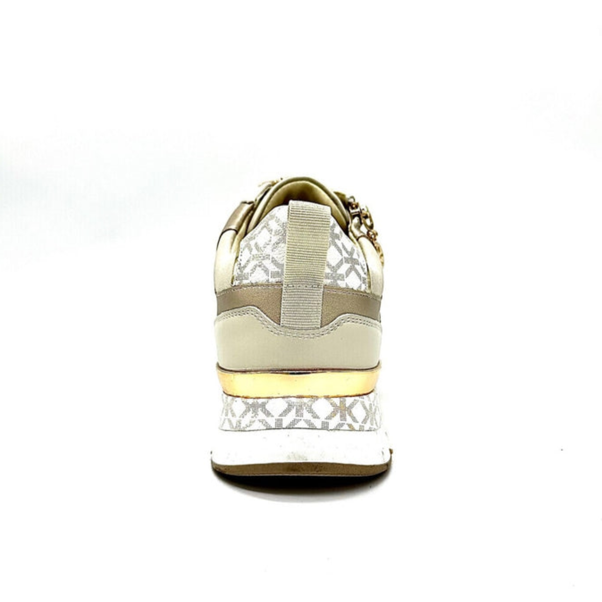Rear view of Renato Garini 2065-41EX72 beige wedge sneaker showing gold-tone heel accents and textured sole trim