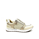 Renato Garini 2065-41EX72 beige and light gold wedge sneaker with textured panels and metallic sole trim, side profile