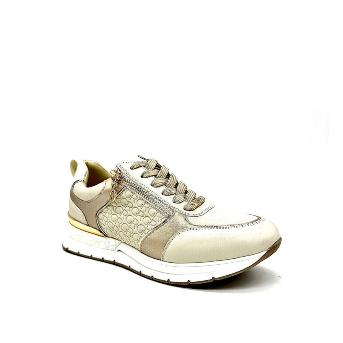 Renato Garini 2065-41EX72 beige and light gold wedge sneaker at a three-quarter angle, showing tonal laces and layered panels