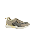 Alternate side profile of Renato Garini 2111 beige wedge sneaker showing dark patterned panels and metallic heel trim