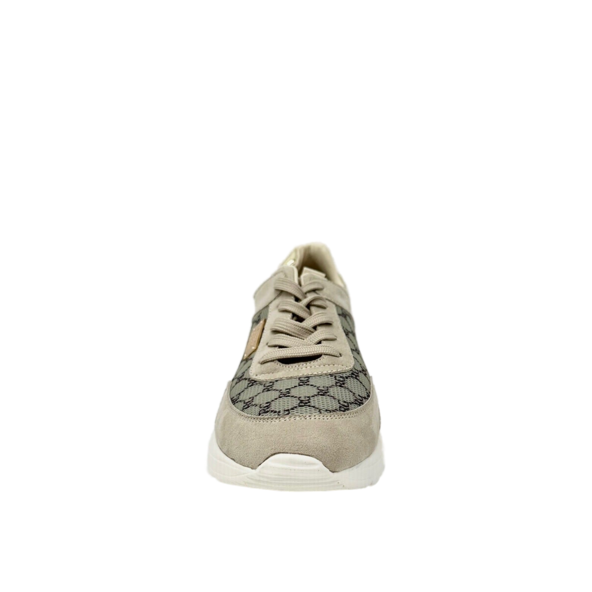Front view of Renato Garini 2111 beige wedge sneaker with patterned toe panel and beige laces
