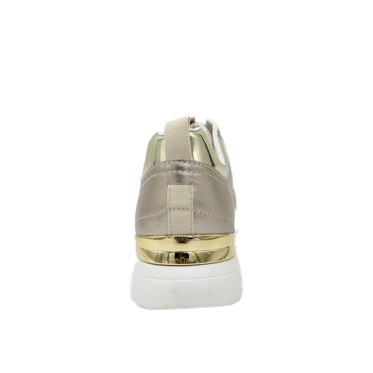 Rear view of Renato Garini 2111 platinum wedge sneaker showing metallic heel band and pull tab