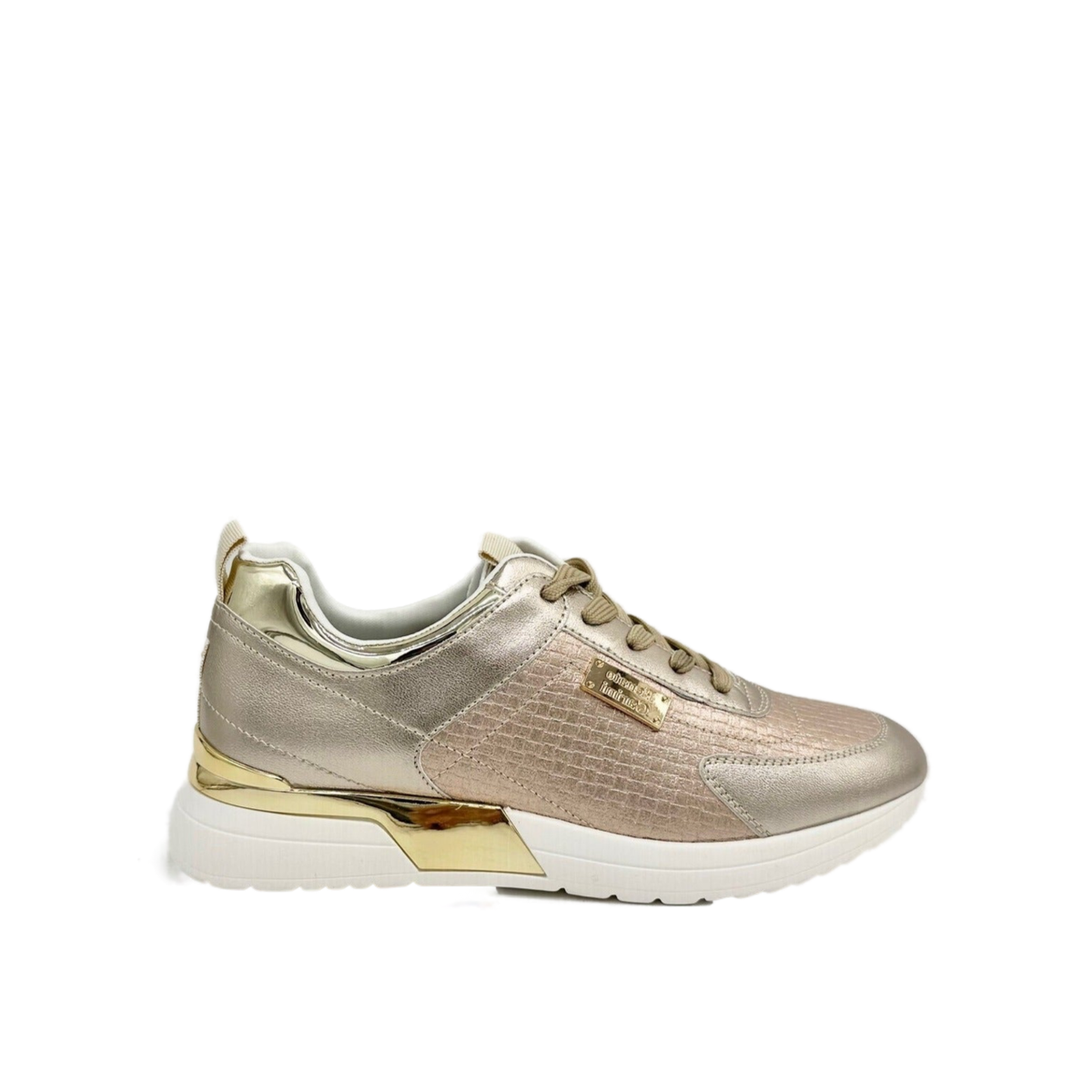 Renato Garini 2111 platinum lace-up wedge sneaker with shimmering textured panels and metallic heel trim, side profile
