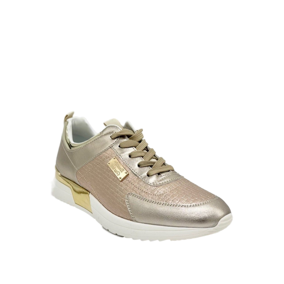 Renato Garini 2111 platinum wedge sneaker at a three-quarter angle, showing tonal laces and metallic textured upper