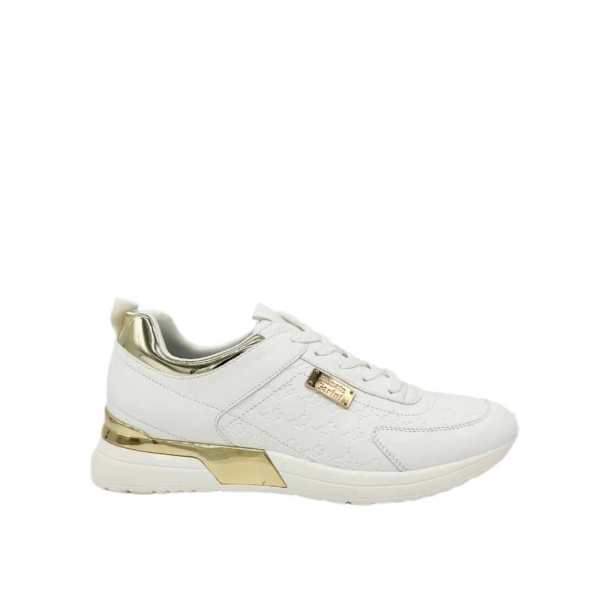 Renato Garini 2111 white lace-up wedge sneaker with gold-tone collar and heel accents, side profile