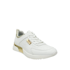 Renato Garini 2111 white wedge sneaker at a three-quarter angle, showing tonal laces and gold-tone side plaque