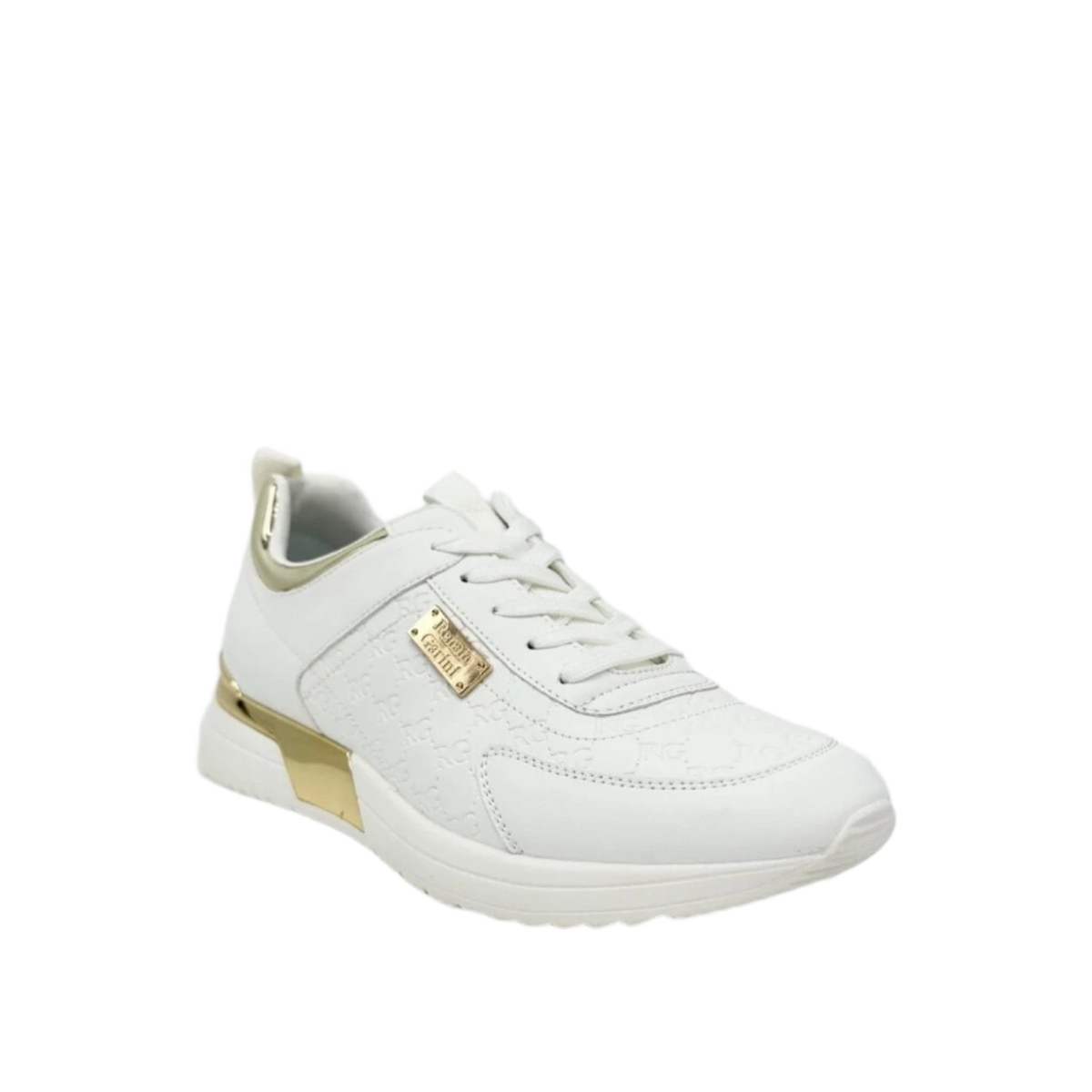Renato Garini 2111 white wedge sneaker at a three-quarter angle, showing tonal laces and gold-tone side plaque