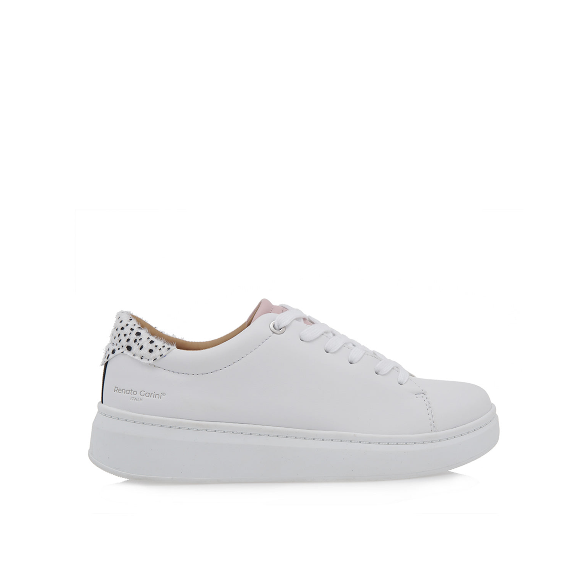 Renato Garini 21VW2007 white platform sneaker with tonal laces and a spotted heel accent, side profile