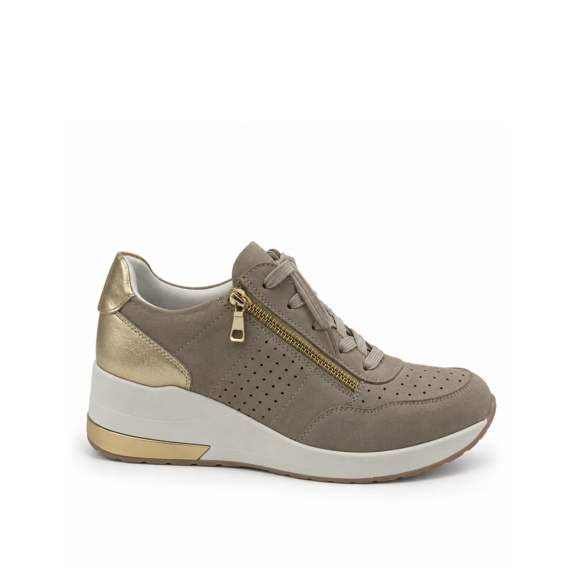 Renato Garini 2210 beige wedge sneaker with textured panels, side zipper and metallic heel trim, side profile