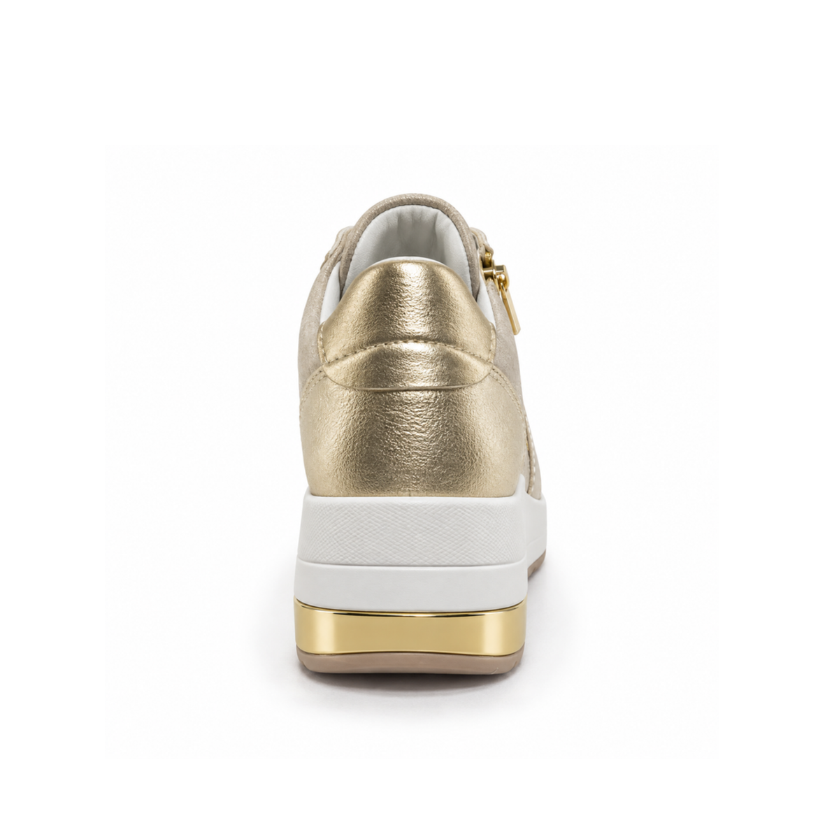 Rear view of Renato Garini 2210 gold wedge sneaker showing metallic heel panel and gold-tone sole accent