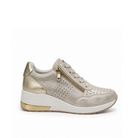 Renato Garini 2210 gold wedge sneaker with textured panels, side zipper and metallic heel trim, side profile