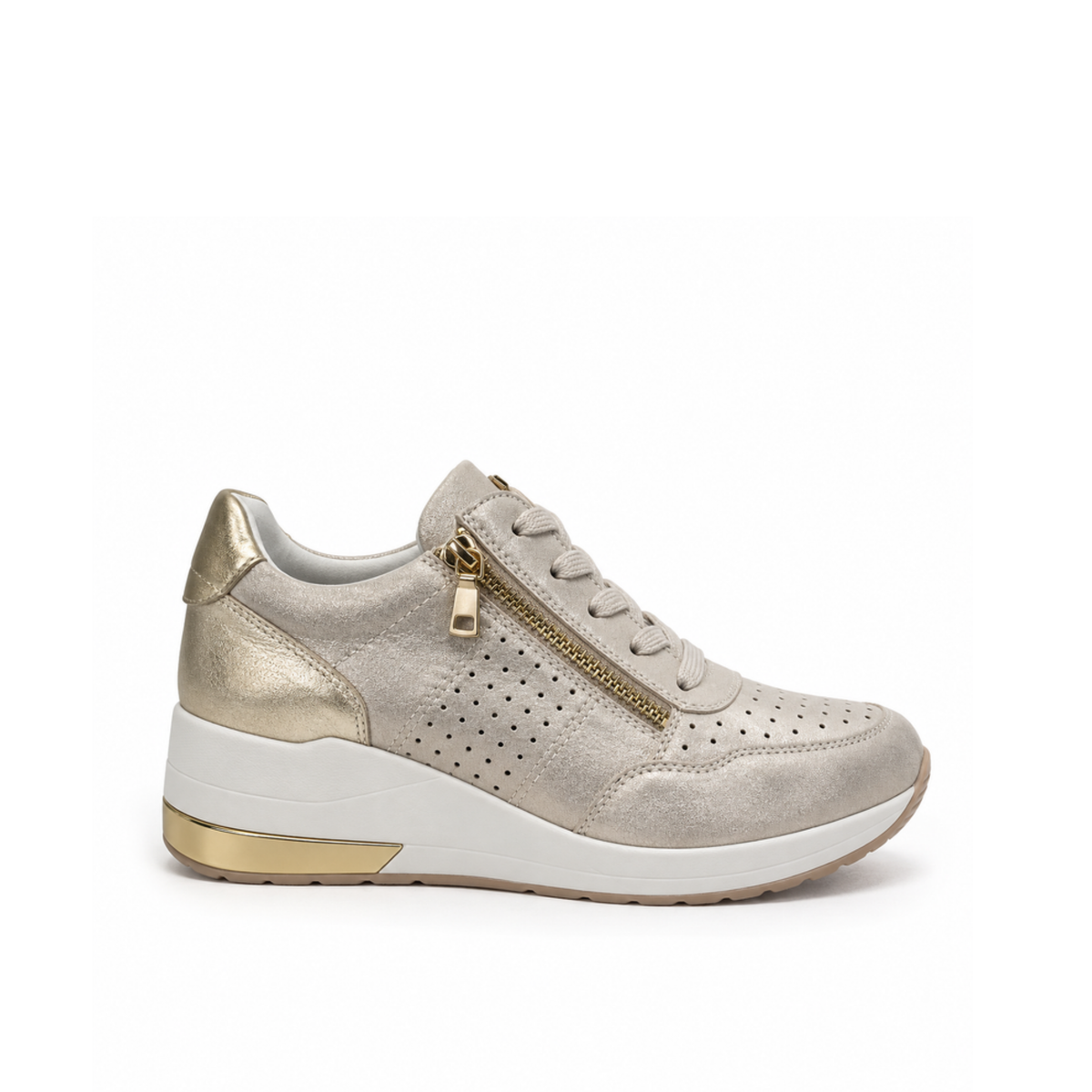 Renato Garini 2210 gold wedge sneaker with textured panels, side zipper and metallic heel trim, side profile