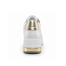 Rear view of Renato Garini 2210 white wedge sneaker showing metallic heel panel and gold-tone sole accent
