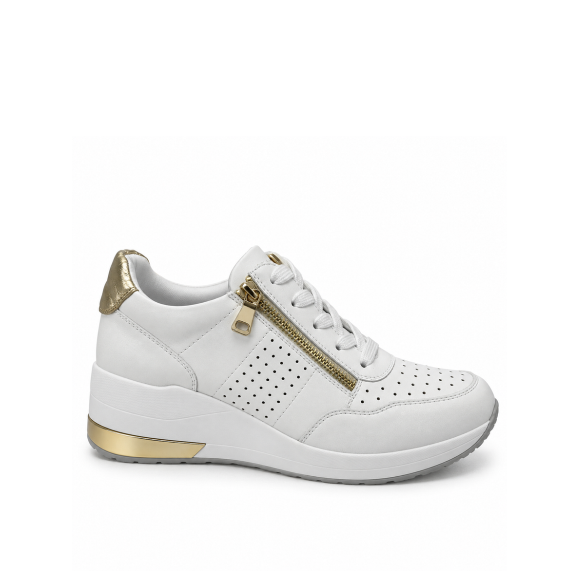 Renato Garini 2210 white wedge sneaker with textured panels, side zipper and metallic heel trim, side profile