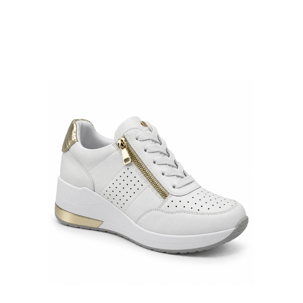 Renato Garini 2210 white wedge sneaker at a three-quarter angle, showing tonal laces and textured upper