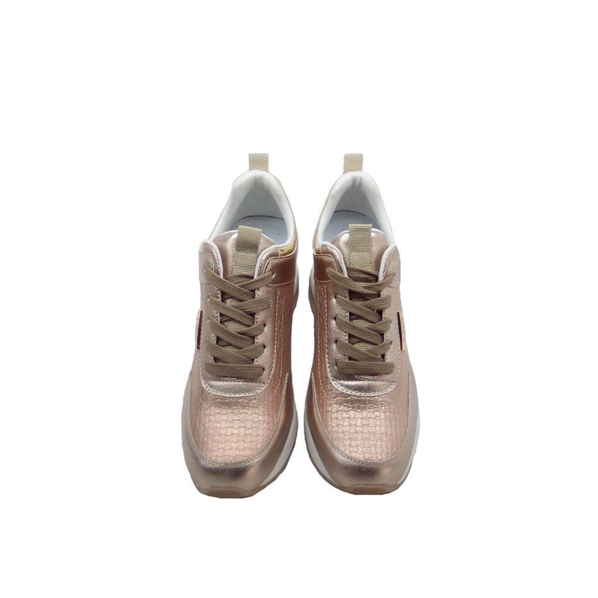 RENATO GARINI 2218 metallic gold platform sneakers, front view of the pair showing textured toe panels and lace-up fronts