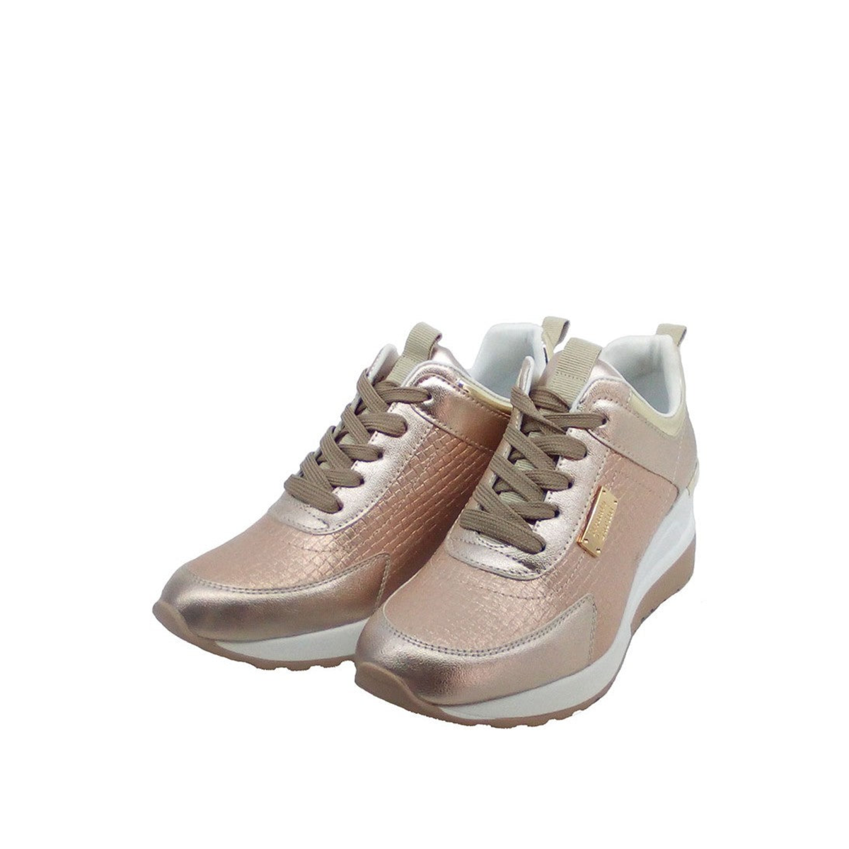 RENATO GARINI 2218 metallic gold platform sneakers, three-quarter view of the pair showing tonal laces and rounded toes