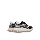 Rear angled view of Renato Garini 22S EX31 black and blue platform sneakers showing zebra heel panels and beige tread accents